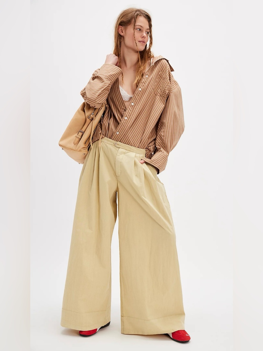 Free People Paige pleated pull on trousers Light Khaki